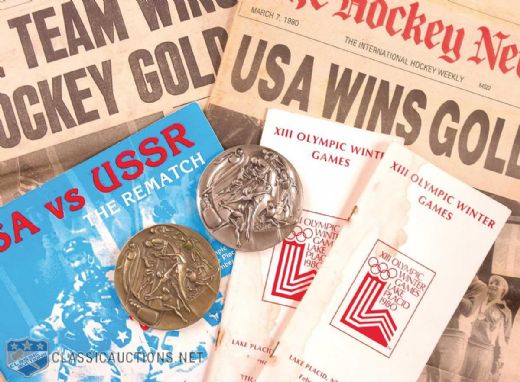 1980 Lake Placid Olympic Participation Medal Collection of 2, Plus Vintage "Miracle On Ice" Hockey Publications