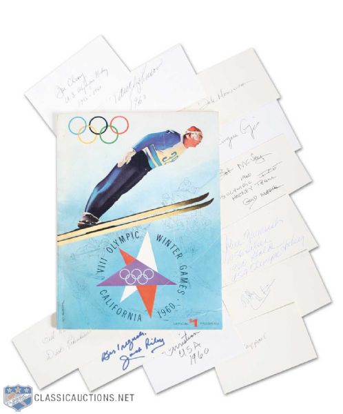 1960 Gold Medal U.S. Olympic Hockey Team Autographs (11) & 1960 Olympics Program