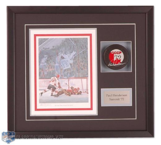 Paul Henderson 1972 Summit Series Autographed Lithograph & Puck Framed Display