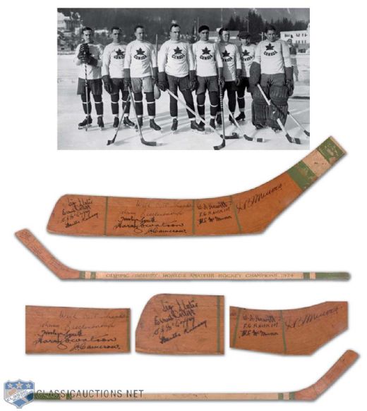 1924 Winter Olympics Gold Medal Winner Canada Team Signed Stick, Including Deceased HOFers Smith, Watson and Hewitt