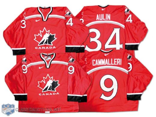1999 Michael Cammalleri & Jared Aulin Team Canada U-18 Gold Medal Four Nations Cup Game Worn Jersey Collection of 2