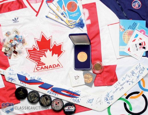 Winter Olympics & World Championships Memorabilia Collection, Including 1998 USA Olympic Hockey Team Goalie Stick Signed by 23