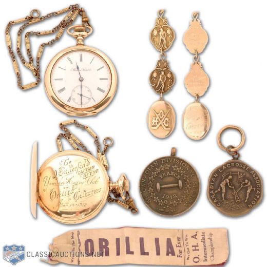 1910s Quinn Butterfield Hockey and Lacrosse Memorabilia Collection of 7, Including 1913 and 1914 OHA Championship Gold Charms and Gold Locket