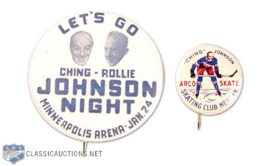 1930s Ching Johnson Pin Collection of 2, Including New York Rangers Arco Skate Pin and Rare Minneapolis Millers Johnson Night Pin