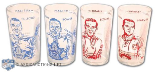 1961 York Peanut Butter Hockey Glass Collection of 4, Including Bower, Pulford, Harvey and Bonin