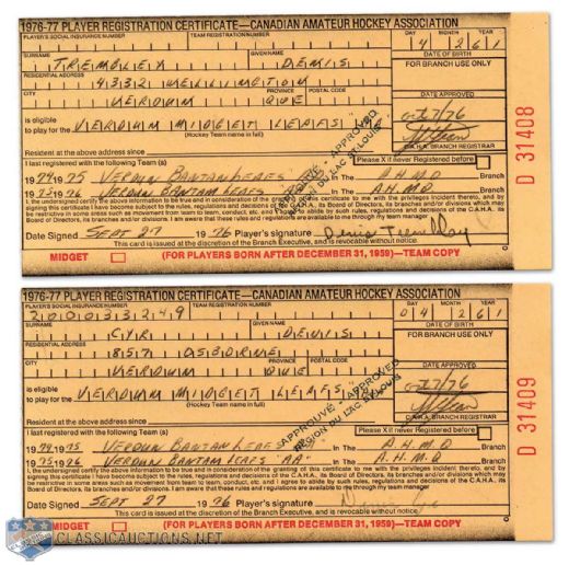 1976-77 Denis Savard, Denis Cyr & Denis Tremblay Signed CAHA Player Registration Certificate Collection of 3, Plus Original 1987-88 Martin Lapointe Signed CAHA Certificate