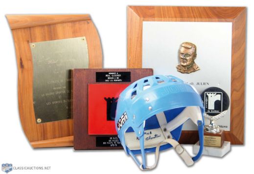 Real Cloutier Signed Quebec Nordiques Game Worn Helmet, Plus Trophy & Plaque Collection of 4