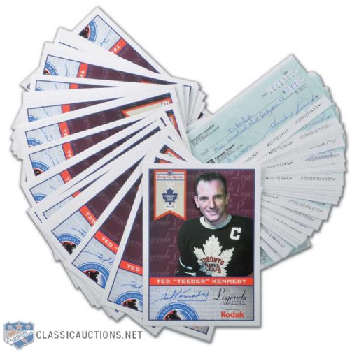 Ted Kennedy - Autographed HOF Legends of Hockey Card Collection of 40, Plus Signed Personal Cheques, Collection of 45