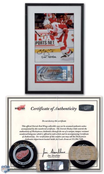 Brendan Shanahans Signed 500th Goal Framed Montage (17 1/2" x 11 1/2") & Shanahans Signed Red Wings Goal Puck