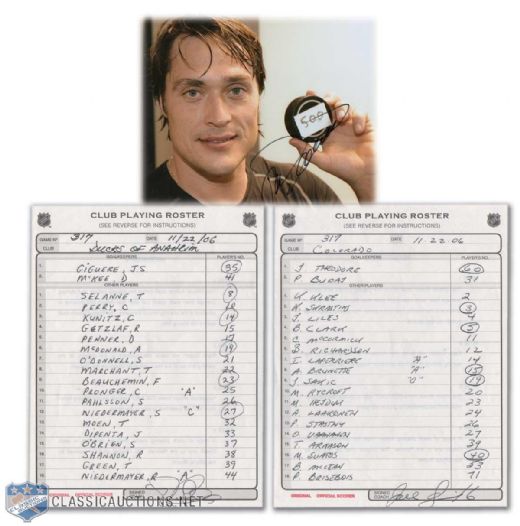 Teemu Selanes 500th Goal Memorabilia, Collection of 3, Featuring Original NHL Official Scorers Anaheim and Colorado Milestone Game Rosters