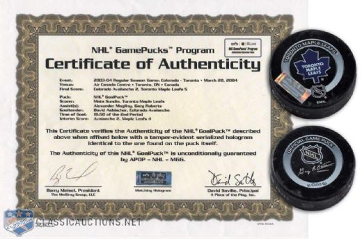 2003-04 Mats Sundin Official Goal Puck