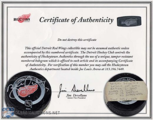 2003 Brett Hull Autographed Detroit Red Wings First Goal Puck