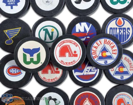 1979-80 Biltrite InGlasCo Approved Game Pucks Collection of 21 - Featuring 3 Colorado Rockies Variations!