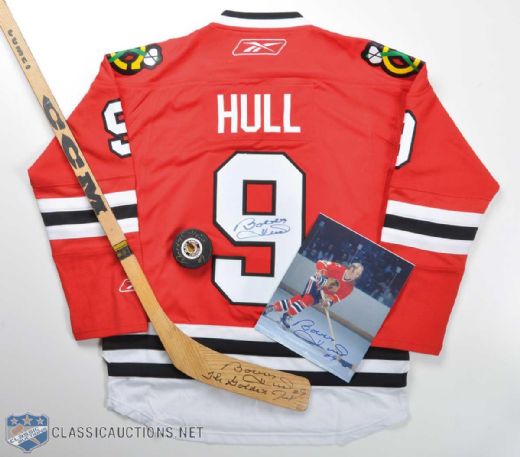 Bobby Hull Autographed Memorabilia Collection of 4, Including Signed Chicago Black Hawks Jersey, Stick, Puck and Photo