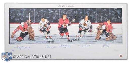 Chicago Black Hawks Lithograph Autographed by 5 HOFers (18" x 39")