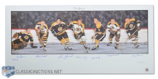 Boston Bruins Lithograph Autographed by 7 HOFers Including Orr (18"x 39")