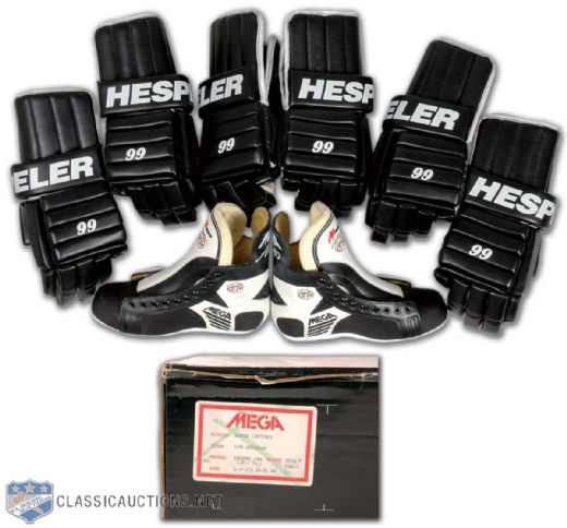 Hespeler Wayne Gretzky "99" Hockey Glove Collection of 3 Pairs & Micron Issued Skates