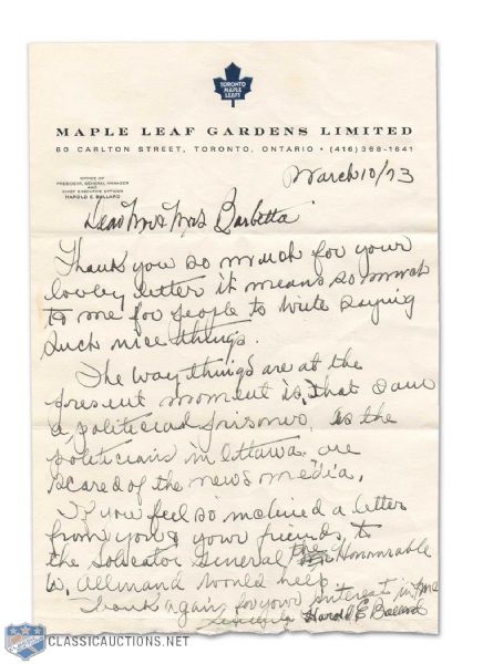 1973 Harold Ballard Autographed Letter Written While in Prison