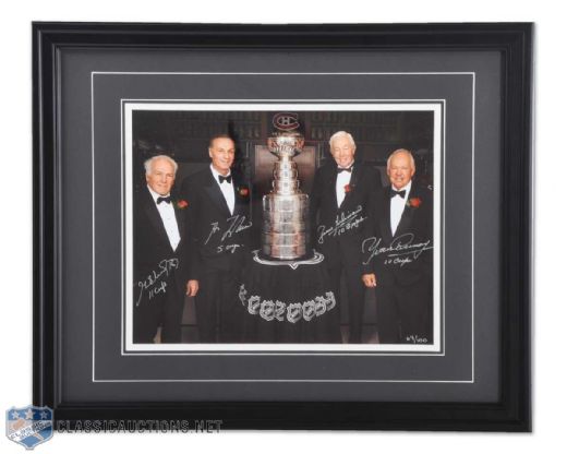 Henri Richard, Guy Lafleur, Jean Beliveau & Yvan Cournoyer Autographed Framed Photo Display (18" x 22")