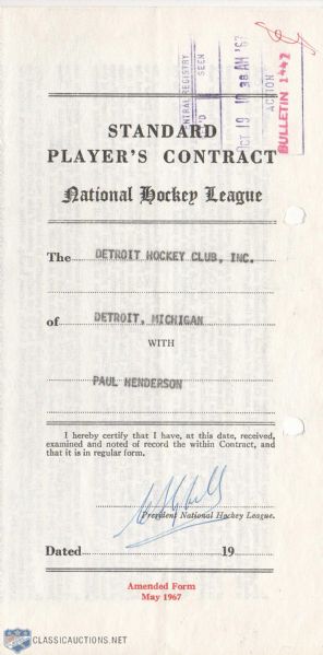 Paul Hendersons 1967-68 Detroit Red Wings Signed NHL Contract