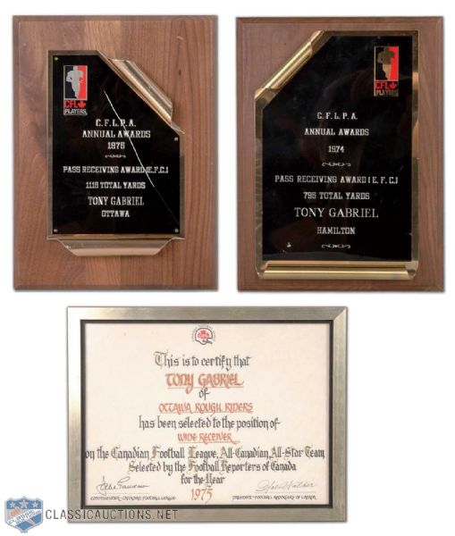 Tony Gabriels 1974 and 1975 CFL Awards Collection of 3