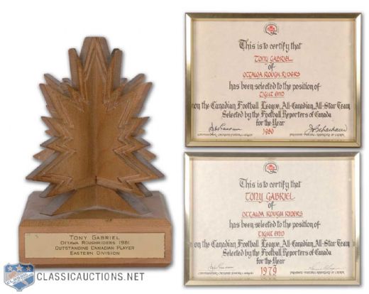 Tony Gabriels 1979, 1980 and 1981 CFL Awards Collection of 3