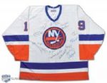 Bryan Trottiers "500-Goal Club" New York Islanders Jersey Autographed by 16 Including Richard, Howe & Hull