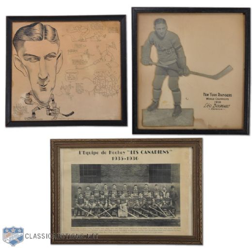 Leo Bourgaults New York Rangers Artwork Collection of 2, Plus 1935-36 Montreal Canadiens Team Picture & Bourgaults Mid-1930s Quebec Beavers Individual Photo