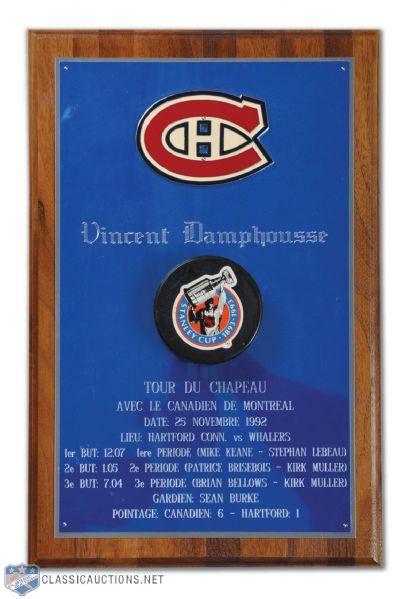 Vincent Damphousses 1992-93 Montreal Canadiens Hat Trick Puck Plaque <br>(15" x 9 3/4")