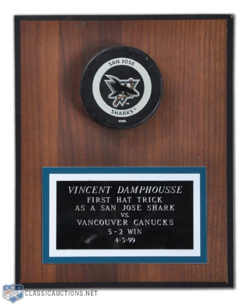 Vincent Damphousses San Jose Sharks First Hat Trick Puck Plaque (10" x 8")