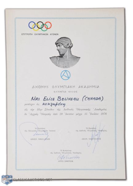 1976 Olympic Diploma Presented to Elise Beliveau (Mrs. Jean Beliveau) by the International Olympic Academy