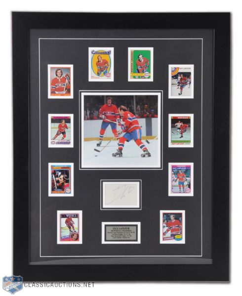 Guy Lafleur Montreal Canadiens Signed Framed Montage with Hockey Cards <br>(25 1/2" x 31 1/2")