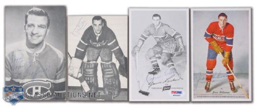 Jacques Plante, Maurice Richard, Bernard Geoffrion & Jean Beliveau Autographed Montreal Canadiens Postcards