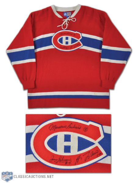 Maurice Richard, Jean Beliveau & Guy Lafleur Autographed Montreal Canadiens Wool Jersey
