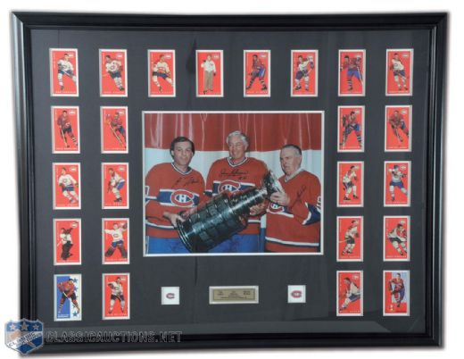 Maurice Richard, Jean Beliveau & Guy Lafleur Framed Signed Photo Montage Featuring Modern 1964 Parkhurst Tallboy Montreal Canadiens 24-Card Set (37 1/2" x 47"