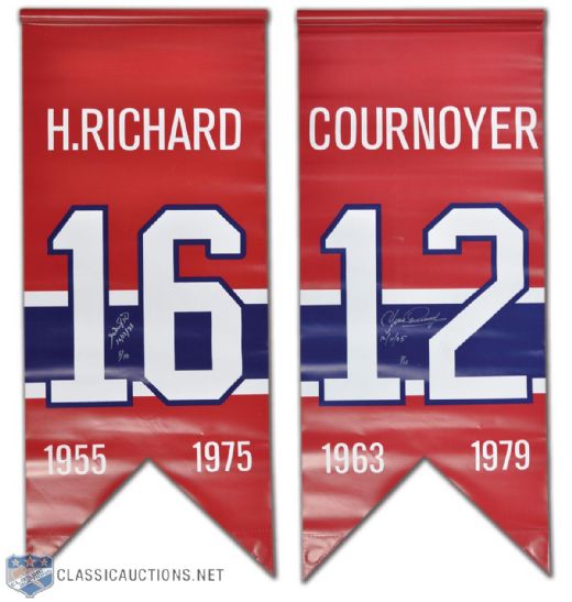 Yvan Cournoyer & Henri Richard Signed Montreal Canadiens Jersey Number Retirement Banner Collection of 2 (47" x 21")