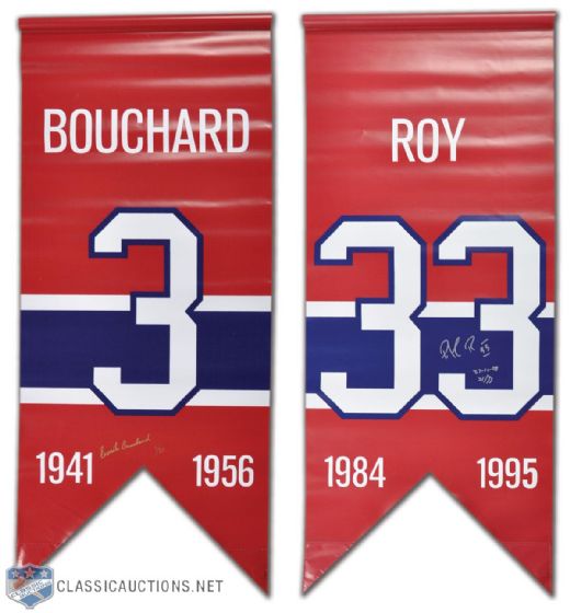 Patrick Roy & Emile Bouchard Signed Montreal Canadiens Jersey Number Retirement Banner Collection of 2 (47" x 21")