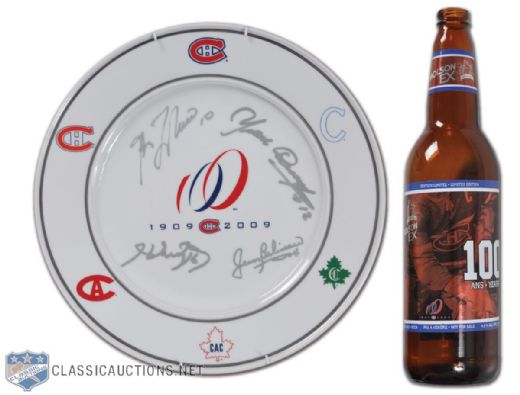 Montreal Canadiens 2009 Centennial Gala Dinner Plate Signed by Beliveau, Lafleur, Richard & Cournoyer Plus Limited Edition "100 Years" Canadiens Centennial Commemorative Molson Export Beer Bottle