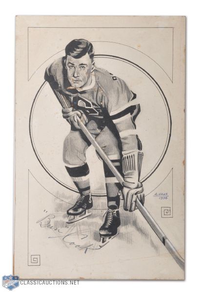 1934 Bun Cook New York Rangers Autographed Pen & Ink Drawing