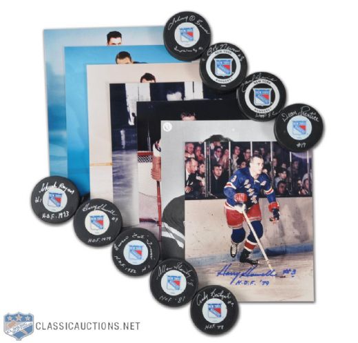 New York Rangers Signed Puck & Photo Collection of 16 Including HOFers Rayner, Smith & Worsley