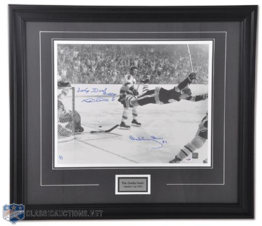 Bobby Orr Signed "The Goal" Framed Photo Display, Featuring Noel Picards "Lucky Goal Bobby" Autograph Annotation (27 1/2" x 32")