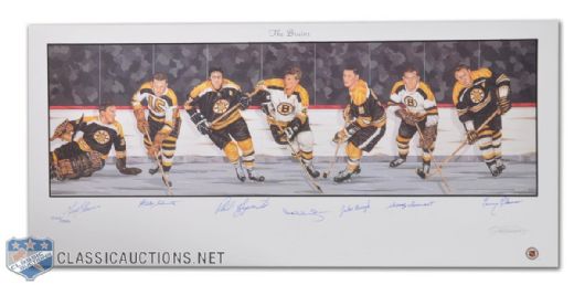 Boston Bruins Lithograph Autographed by 7 HOFers, Including Orr (18"x 39")