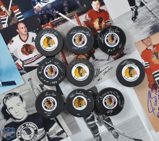 Chicago Black Hawks Signed Puck and Photo Collection of 19, Including Bobby Hull, Glenn Hall & Stan Mikita