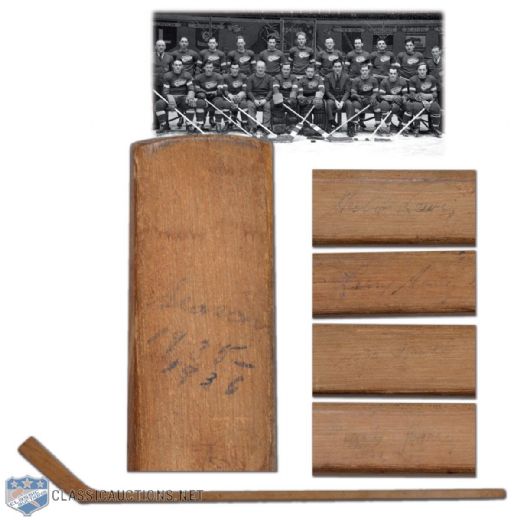 1935-36 Stanley Cup Champion Detroit Red Wings & IHL Champion Detroit Olympics Team-Signed Stick, Featuring 6 HOFers, Including Jack Adams & Turk Broda