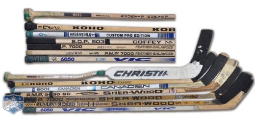 1980s Edmonton Oilers Superstars Game-Used Sticks Collection of 7, Including Messier, Kurri, Coffey, Anderson & Team-Signed Linseman Featuring Gretzky Autograph