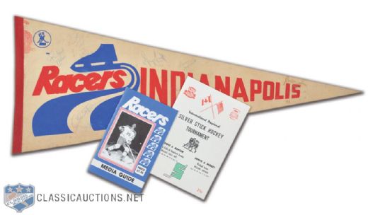 Wayne Gretzky Signed Indianapolis Racers Pennant, 1978-79 Racers Media Guide & 1971 Novice "A" Tournament Program