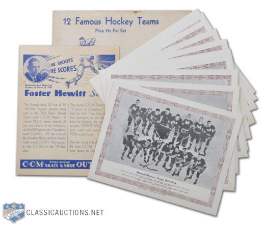 1933-34 CCM Brown Border Team Picture Set of 12 w/ Foster Hewitt Insert & Mailing Envelope