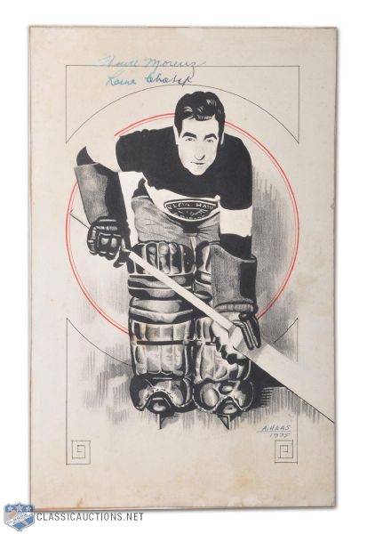 1935 Lorne Chabot Chicago Black Hawks Pen & Ink Drawing Signed by Chabot & Howie Morenz