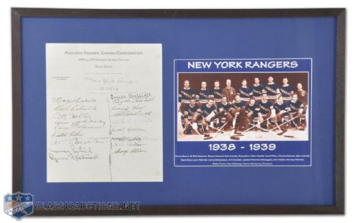 1938-39 New York Rangers Team-Signed Sheet by 18 & Team Photo Framed Display (15" x 24")