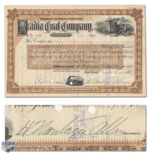 1914 Stock Certificate Signed by HOFer Sir Montagu Allan